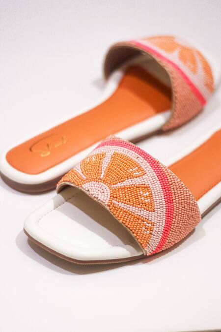 Shop_Soleart_Orange Embroidery Bead Square Toe Sliders_Online_at_Aza_Fashions