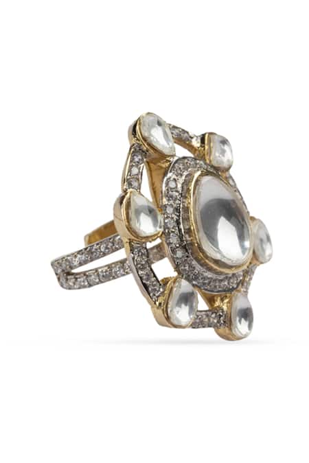 Shop Vasundhara Silver Plated Cut Work, Diamonds Stone Embellished Cutwork Ring at Aza Fashions Shop_Vasundhara_Silver Plated Cut Work, Diamonds Stone Embellished Cutwork Ring _at_Aza_Fashions