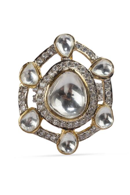 Vasundhara Silver Plated Cut Work, Diamonds Stone Embellished Cutwork Ring Online at Aza Fashions Vasundhara_Silver Plated Cut Work, Diamonds Stone Embellished Cutwork Ring _Online_at_Aza_Fashions