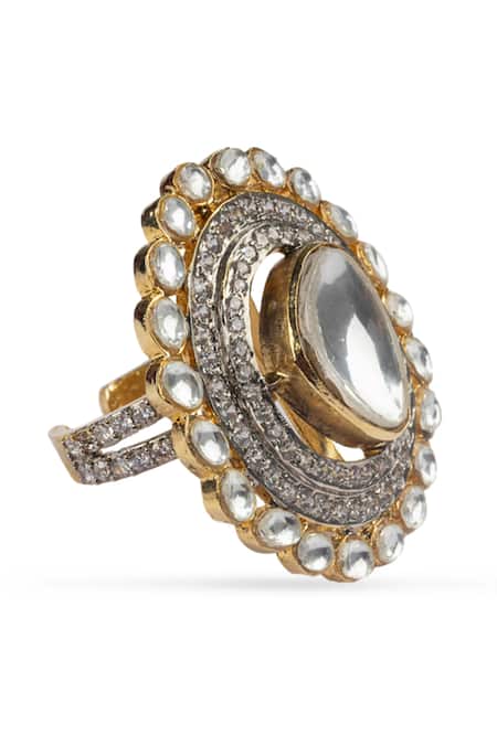 Shop Vasundhara Silver Plated Cut Work, Diamonds Geometric Shaped Stone Embellished Ring at Aza Fashions Shop_Vasundhara_Silver Plated Cut Work, Diamonds Geometric Shaped Stone Embellished Ring _at_Aza_Fashions