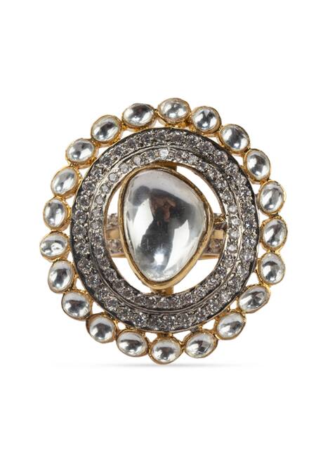 Vasundhara Silver Plated Cut Work, Diamonds Geometric Shaped Stone Embellished Ring Online at Aza Fashions Vasundhara_Silver Plated Cut Work, Diamonds Geometric Shaped Stone Embellished Ring _Online_at_Aza_Fashions