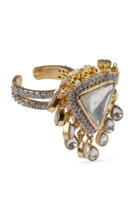Shop Vasundhara Silver Plated Cut Work, Diamonds Triangle Shaped Kundan Embellished Ring at Aza Fashions Shop_Vasundhara_Silver Plated Cut Work, Diamonds Triangle Shaped Kundan Embellished Ring _at_Aza_Fashions