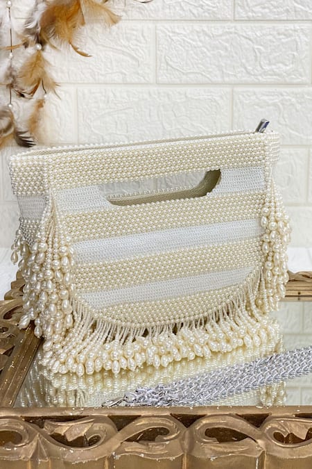 Kainiche by Mehak White Pearl Embedded Rectangle Shaped Bag 