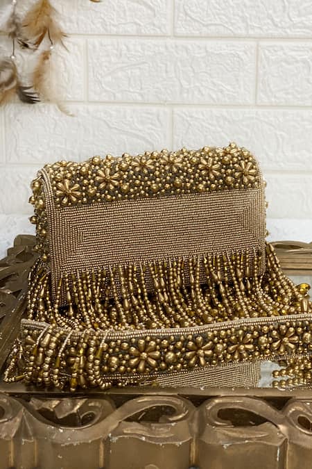 Kainiche By Mehak_Gold Embellished 3d Flower Bag _Online_at_Aza_Fashions