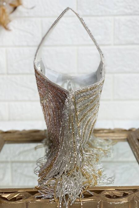 Kainiche By Mehak_Silver Beads, Sequins Raw Silk Embellished Bag _Online_at_Aza_Fashions