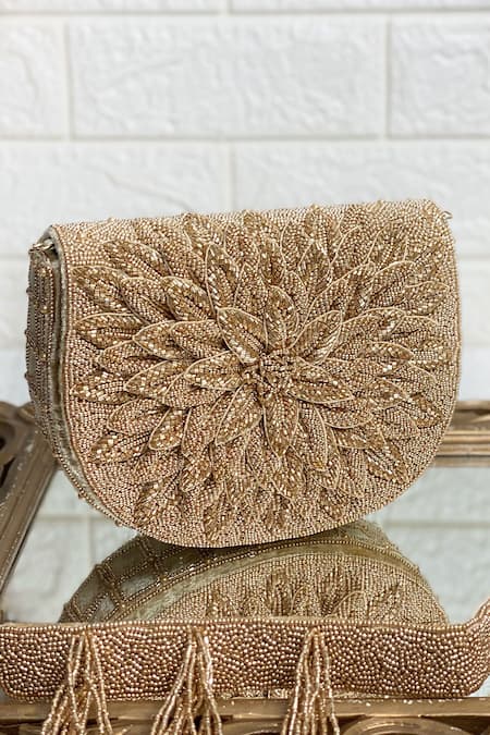 Shop Kainiche By Mehak Gold Embellished Flower Bag at Aza Fashions Shop_Kainiche By Mehak_Gold Embellished Flower Bag _at_Aza_Fashions