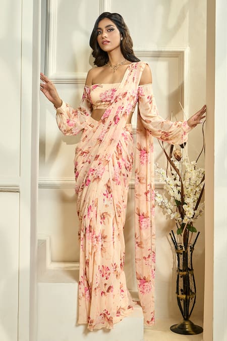 Buy Aariyana Couture Multi Color Viscose, Georgette Floral Print Pre-stitched Saree With Blouse Online at Aza Fashions Buy_Aariyana Couture_Multi Color Viscose, Georgette Floral Print Pre-stitched Saree With Blouse _Online_at_Aza_Fashions