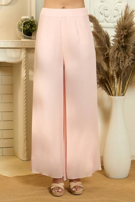 Shop_Aariyana Couture_Peach Viscose, Georgette Sequins Yoke Embroidered Frill Kurta And Palazzo Set_Online_at_Aza_Fashions