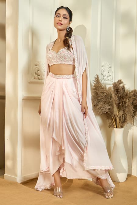 Aariyana Couture_Peach Viscose, Modal Beads, Sequins Embroidered Border Cape And Draped Skirt Set_at_Aza_Fashions