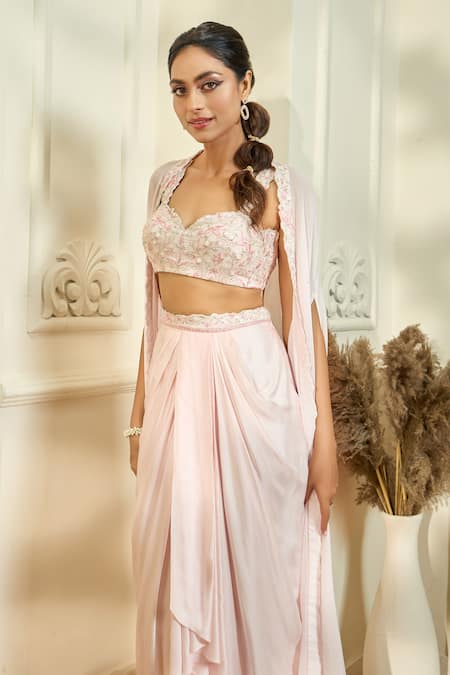 Shop_Aariyana Couture_Peach Viscose, Modal Beads, Sequins Embroidered Border Cape And Draped Skirt Set