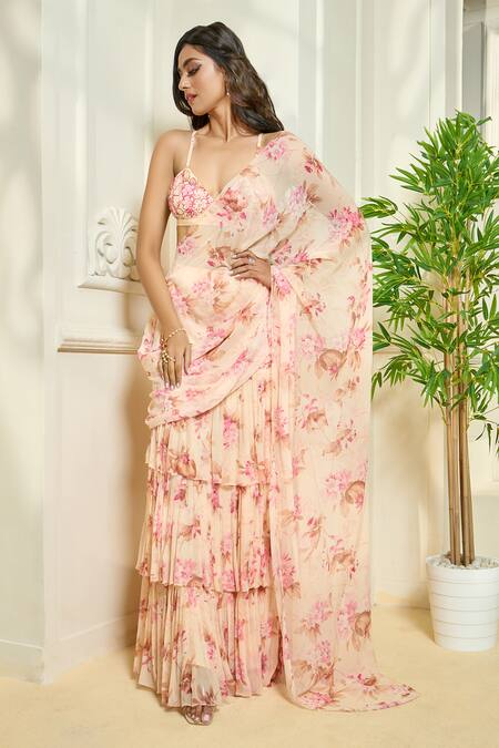 Aariyana Couture Multi Color Chiffon Embroidery Pre-draped Printed Ruffle Saree With Blouse Online at Aza Fashions Aariyana Couture_Multi Color Chiffon Embroidery Pre-draped Printed Ruffle Saree With Blouse_Online_at_Aza_Fashions