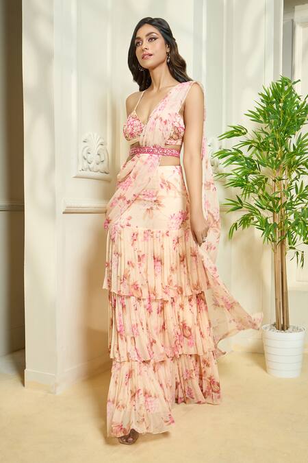 Aariyana Couture Multi Color Chiffon Embroidery Pre-draped Printed Ruffle Saree With Blouse at Aza Fashions Aariyana Couture_Multi Color Chiffon Embroidery Pre-draped Printed Ruffle Saree With Blouse_at_Aza_Fashions