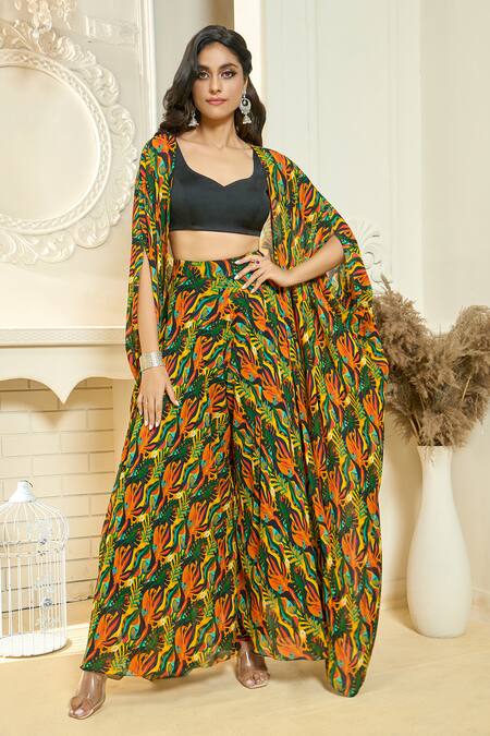 Shop Aariyana Couture Multi Color Lycra, Georgette, Viscose Tropical Print Cape And Flared Pant Set Online at Aza Fashions Shop_Aariyana Couture_Multi Color Lycra, Georgette, Viscose Tropical Print Cape And Flared Pant Set_Online_at_Aza_Fashions