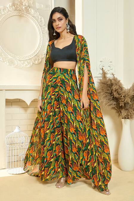 Aariyana Couture Multi Color Lycra, Georgette, Viscose Tropical Print Cape And Flared Pant Set at Aza Fashions Aariyana Couture_Multi Color Lycra, Georgette, Viscose Tropical Print Cape And Flared Pant Set_at_Aza_Fashions