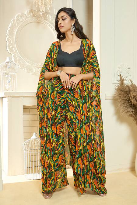 Buy Aariyana Couture Multi Color Lycra, Georgette, Viscose Tropical Print Cape And Flared Pant Set Buy_Aariyana Couture_Multi Color Lycra, Georgette, Viscose Tropical Print Cape And Flared Pant Set