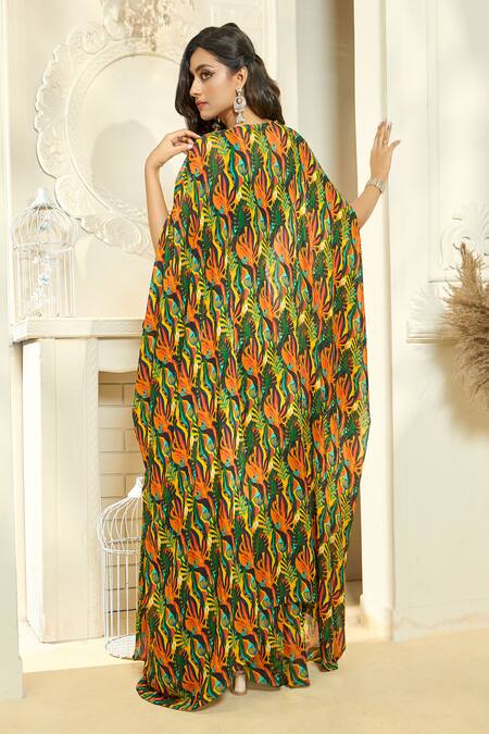 Shop Aariyana Couture Multi Color Lycra, Georgette, Viscose Tropical Print Cape And Flared Pant Set at Aza Fashions Shop_Aariyana Couture_Multi Color Lycra, Georgette, Viscose Tropical Print Cape And Flared Pant Set_at_Aza_Fashions