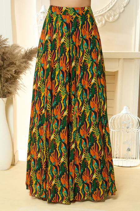 Buy_Aariyana Couture_Multi Color Viscose, Georgette Tropical Print Ruffle Sleeve Blouse And Lehenga Set_Online_at_Aza_Fashions