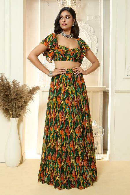 Aariyana Couture_Multi Color Viscose, Georgette Tropical Print Ruffle Sleeve Blouse And Lehenga Set_at_Aza_Fashions