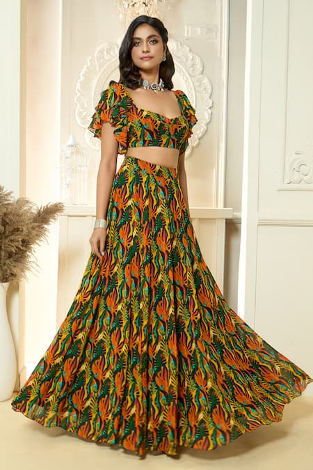 Buy_Aariyana Couture_Multi Color Viscose, Georgette Tropical Print Ruffle Sleeve Blouse And Lehenga Set