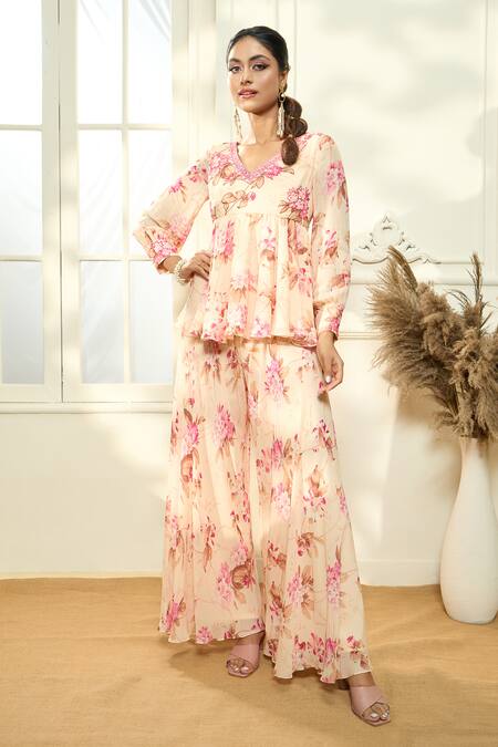 Aariyana Couture_Multi Color Viscose, Georgette Floral Print Peplum Tunic And Flared Pant Set_Online_at_Aza_Fashions