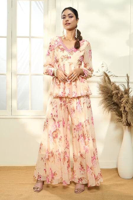 Buy_Aariyana Couture_Multi Color Viscose, Georgette Floral Print Peplum Tunic And Flared Pant Set_Online_at_Aza_Fashions