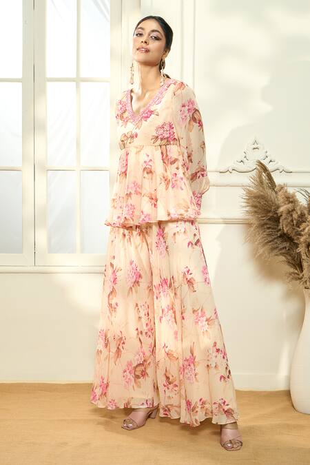 Shop_Aariyana Couture_Multi Color Viscose, Georgette Floral Print Peplum Tunic And Flared Pant Set_Online_at_Aza_Fashions