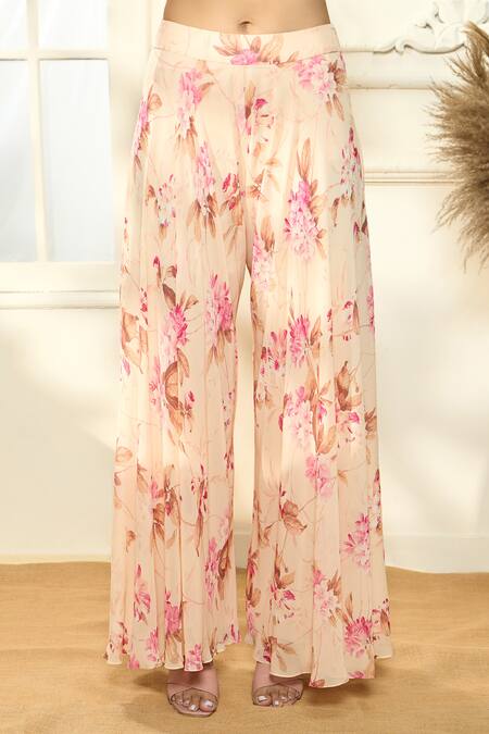 Shop_Aariyana Couture_Multi Color Viscose, Georgette Floral Print Peplum Tunic And Flared Pant Set