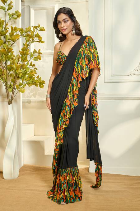 Aariyana Couture Multi Color Georgette, Tropical Print Ruffle Pre-stitched Saree With Blouse Online at Aza Fashions Aariyana Couture_Multi Color Georgette, Tropical Print Ruffle Pre-stitched Saree With Blouse_Online_at_Aza_Fashions
