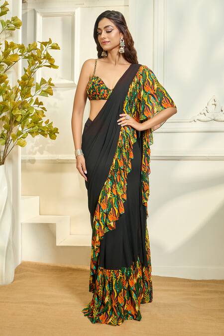 Buy Aariyana Couture Multi Color Georgette, Tropical Print Ruffle Pre-stitched Saree With Blouse Online at Aza Fashions Buy_Aariyana Couture_Multi Color Georgette, Tropical Print Ruffle Pre-stitched Saree With Blouse_Online_at_Aza_Fashions