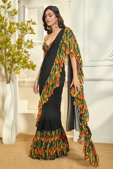 Buy Aariyana Couture Multi Color Georgette, Tropical Print Ruffle Pre-stitched Saree With Blouse Buy_Aariyana Couture_Multi Color Georgette, Tropical Print Ruffle Pre-stitched Saree With Blouse