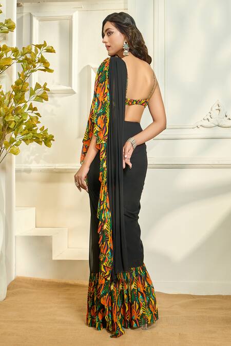 Shop Aariyana Couture Multi Color Georgette, Tropical Print Ruffle Pre-stitched Saree With Blouse at Aza Fashions Shop_Aariyana Couture_Multi Color Georgette, Tropical Print Ruffle Pre-stitched Saree With Blouse_at_Aza_Fashions