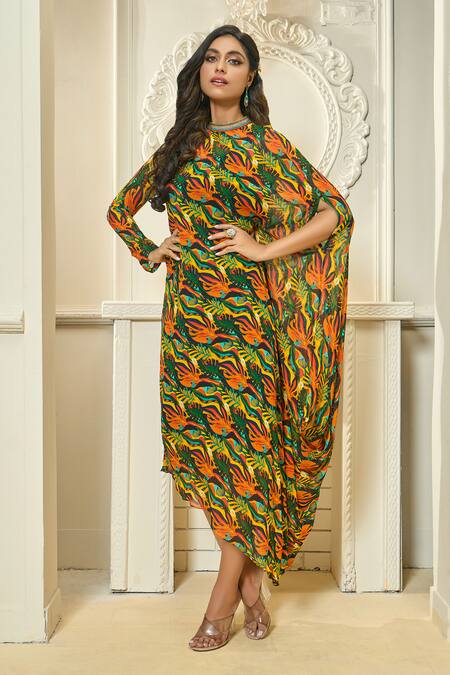 Buy_Aariyana Couture_Multi Color Viscose, Georgette Beads Bandeau Tropical Print Asymmetric Tunic_Online_at_Aza_Fashions