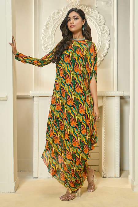 Shop_Aariyana Couture_Multi Color Viscose, Georgette Beads Bandeau Tropical Print Asymmetric Tunic_Online_at_Aza_Fashions
