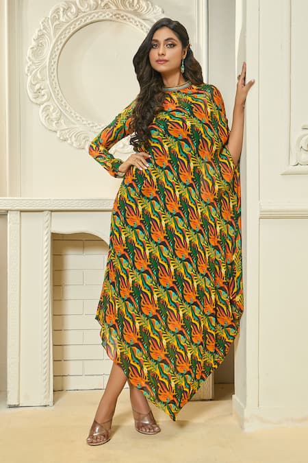 Aariyana Couture_Multi Color Viscose, Georgette Beads Bandeau Tropical Print Asymmetric Tunic_at_Aza_Fashions