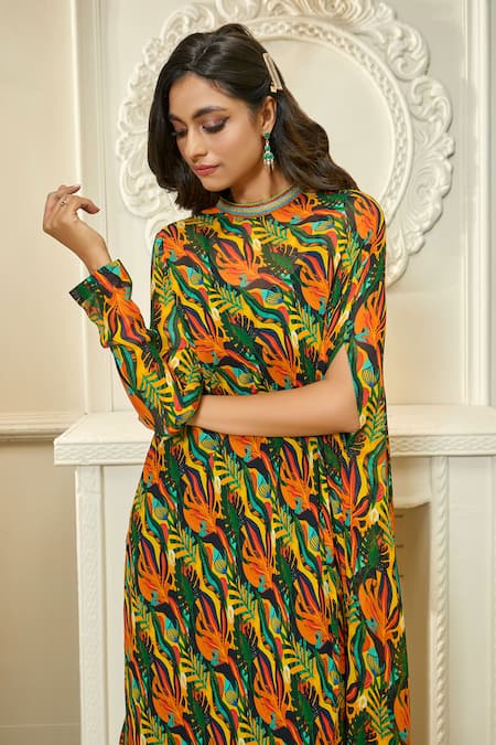 Shop_Aariyana Couture_Multi Color Viscose, Georgette Beads Bandeau Tropical Print Asymmetric Tunic