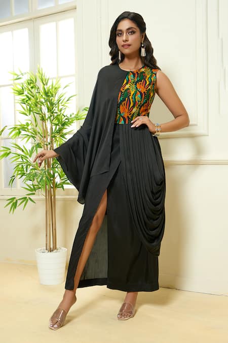Buy Ahalyaa Sea Green Floral Cape Style Kurta Dress online