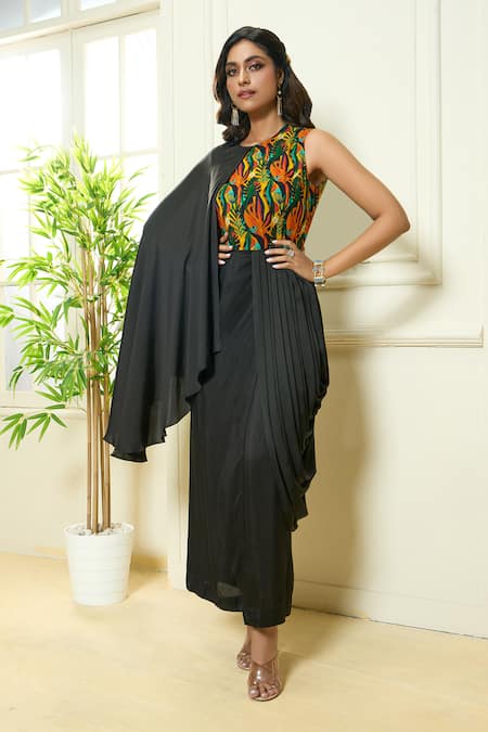 Aariyana Couture Multi Color Georgette, Modal, Bamboo Round Neck Tropical Print Cowl Draped Tunic Online at Aza Fashions Aariyana Couture_Multi Color Georgette, Modal, Bamboo Round Neck Tropical Print Cowl Draped Tunic_Online_at_Aza_Fashions