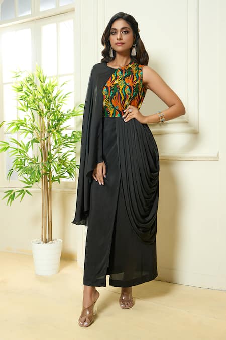 Buy Aariyana Couture Multi Color Georgette, Modal, Bamboo Round Neck Tropical Print Cowl Draped Tunic Online at Aza Fashions Buy_Aariyana Couture_Multi Color Georgette, Modal, Bamboo Round Neck Tropical Print Cowl Draped Tunic_Online_at_Aza_Fashions