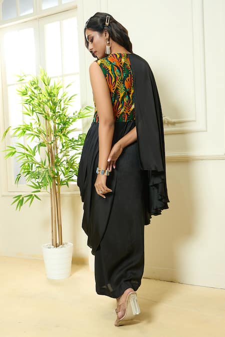 Shop Aariyana Couture Multi Color Georgette, Modal, Bamboo Round Neck Tropical Print Cowl Draped Tunic at Aza Fashions Shop_Aariyana Couture_Multi Color Georgette, Modal, Bamboo Round Neck Tropical Print Cowl Draped Tunic_at_Aza_Fashions