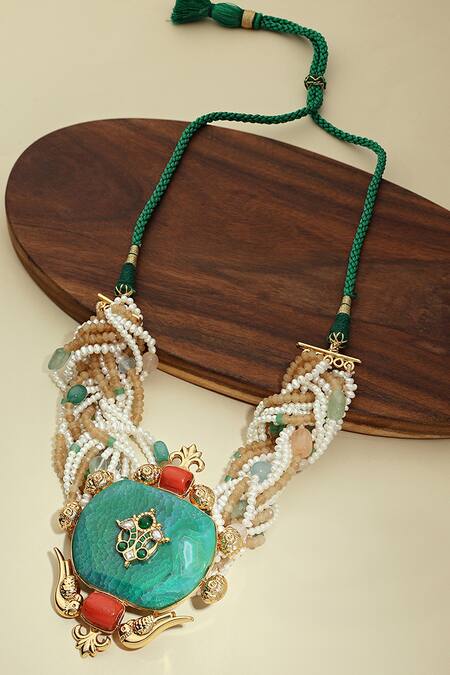Shop Joules by Radhika Multi Color Polki, Bead, Agate Embellished Pendant Necklace at Aza Fashions Shop_Joules by Radhika_Multi Color Polki, Bead, Agate Embellished Pendant Necklace_at_Aza_Fashions