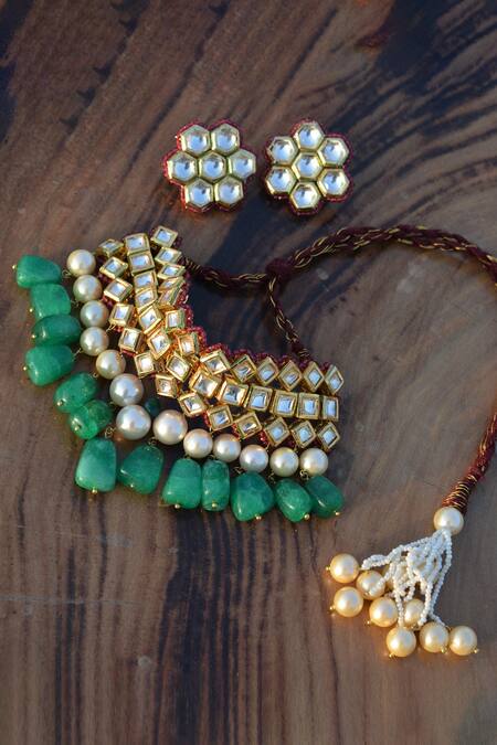 Shop Heer-House Of Jewellery Gold Plated Pearl Maharani Stone Necklace Set at Aza Fashions Shop_Heer-House Of Jewellery_Gold Plated Pearl Maharani Stone Necklace Set_at_Aza_Fashions