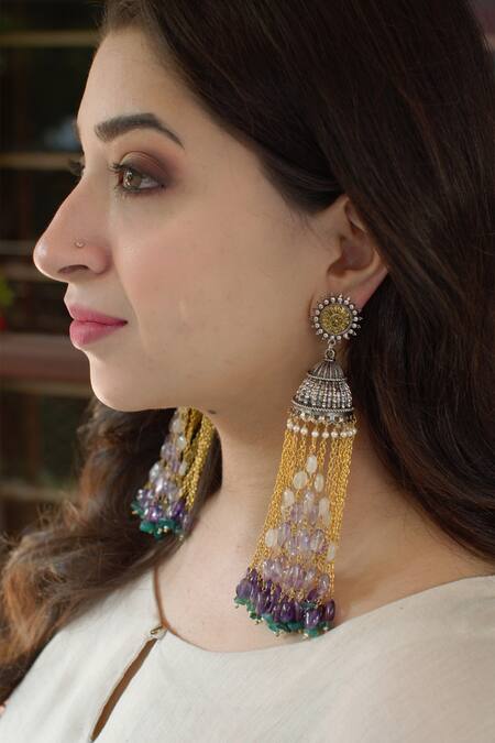 Heer-House Of Jewellery Gold Plated Stones And Beads Indradhanush Long Jhumkis