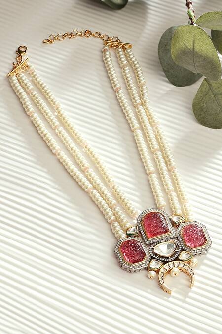 Shop Joules by Radhika Red Pearl, Polki Carved Pendant Necklace at Aza Fashions Shop_Joules by Radhika_Red Pearl, Polki Carved Pendant Necklace_at_Aza_Fashions