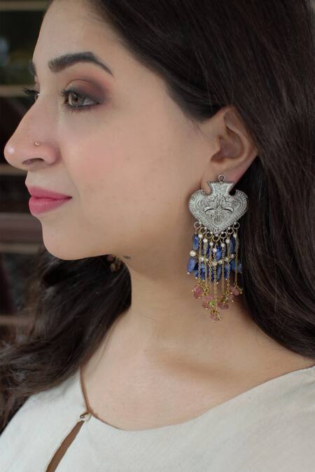 Heer-House Of Jewellery Blue Pearls And Stones Sooryodaya Kaanphool Dangler Earrings