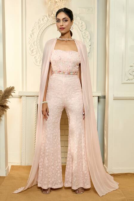 Shop Aariyana Couture Peach Georgette, Viscose Sequins Sweetheart Floral Jaal Embroidered Jumpsuit Online at Aza Fashions Shop_Aariyana Couture_Peach Georgette, Viscose Sequins Sweetheart Floral Jaal Embroidered Jumpsuit_Online_at_Aza_Fashions