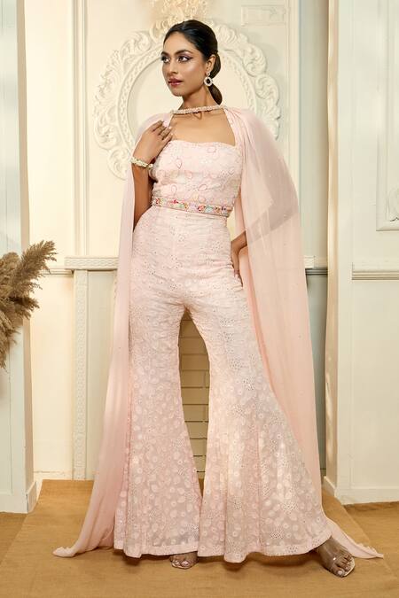 Buy Aariyana Couture Peach Georgette, Viscose Sequins Sweetheart Floral Jaal Embroidered Jumpsuit Buy_Aariyana Couture_Peach Georgette, Viscose Sequins Sweetheart Floral Jaal Embroidered Jumpsuit