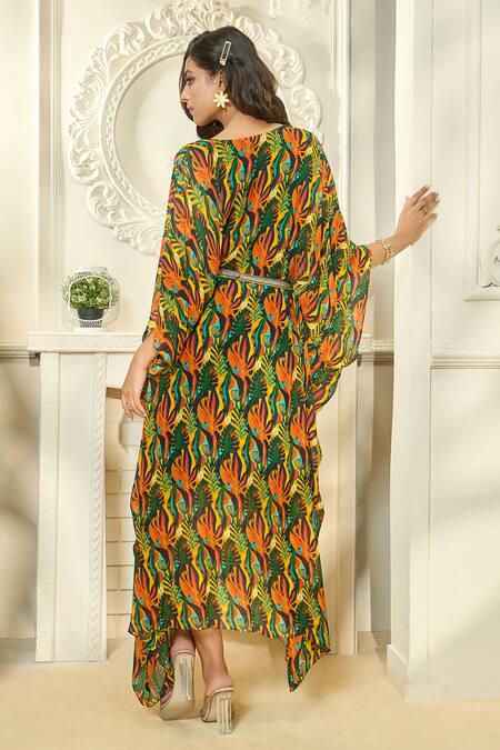 Shop Aariyana Couture Multi Color Viscose, Modal Beads, Embroidery Tropical Print Kaftan With Belt at Aza Fashions Shop_Aariyana Couture_Multi Color Viscose, Modal Beads, Embroidery Tropical Print Kaftan With Belt_at_Aza_Fashions