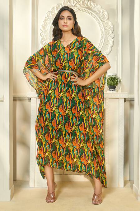 Aariyana Couture Multi Color Viscose, Modal Beads, Embroidery Tropical Print Kaftan With Belt Online at Aza Fashions Aariyana Couture_Multi Color Viscose, Modal Beads, Embroidery Tropical Print Kaftan With Belt_Online_at_Aza_Fashions