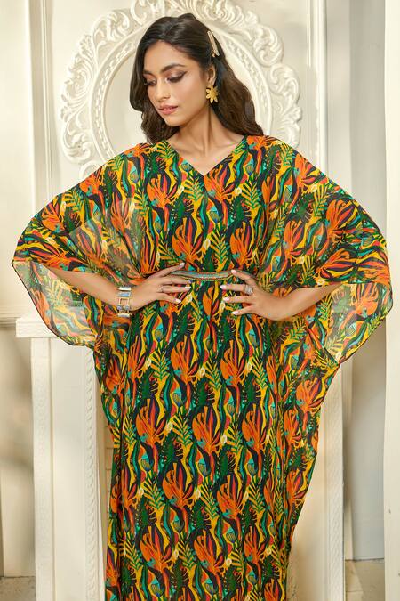 Buy Aariyana Couture Multi Color Viscose, Modal Beads, Embroidery Tropical Print Kaftan With Belt Buy_Aariyana Couture_Multi Color Viscose, Modal Beads, Embroidery Tropical Print Kaftan With Belt
