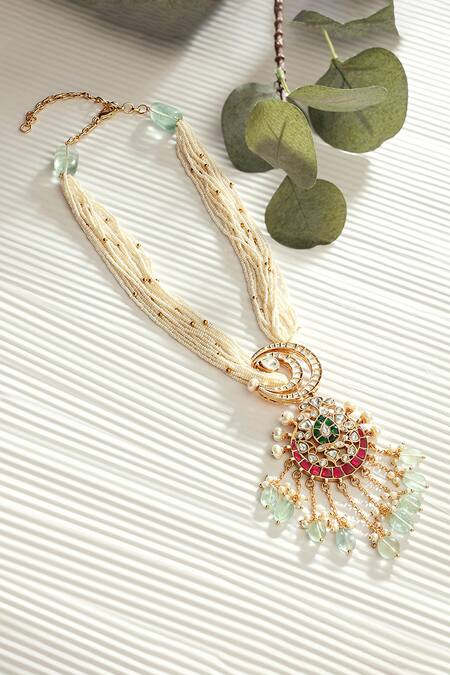 Shop Joules by Radhika White Crecent Moon Ornamented Pearl Necklace at Aza Fashions Shop_Joules by Radhika_White Crecent Moon Ornamented Pearl Necklace_at_Aza_Fashions